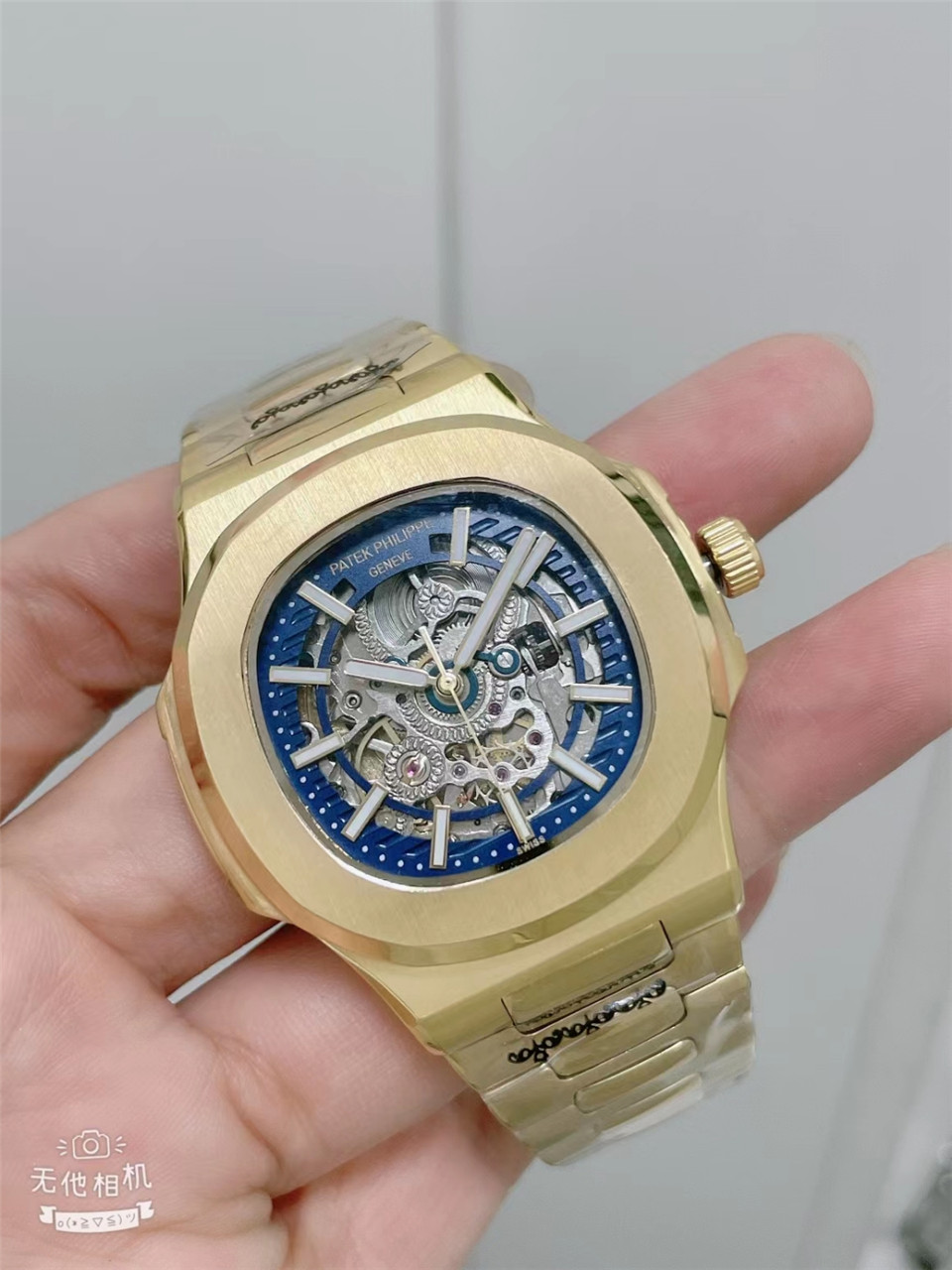 Patek Philippe Nautilus Men’s Mechanical Watch with Skeleton Blue Dial – Full Gold, Stainless Steel Strap