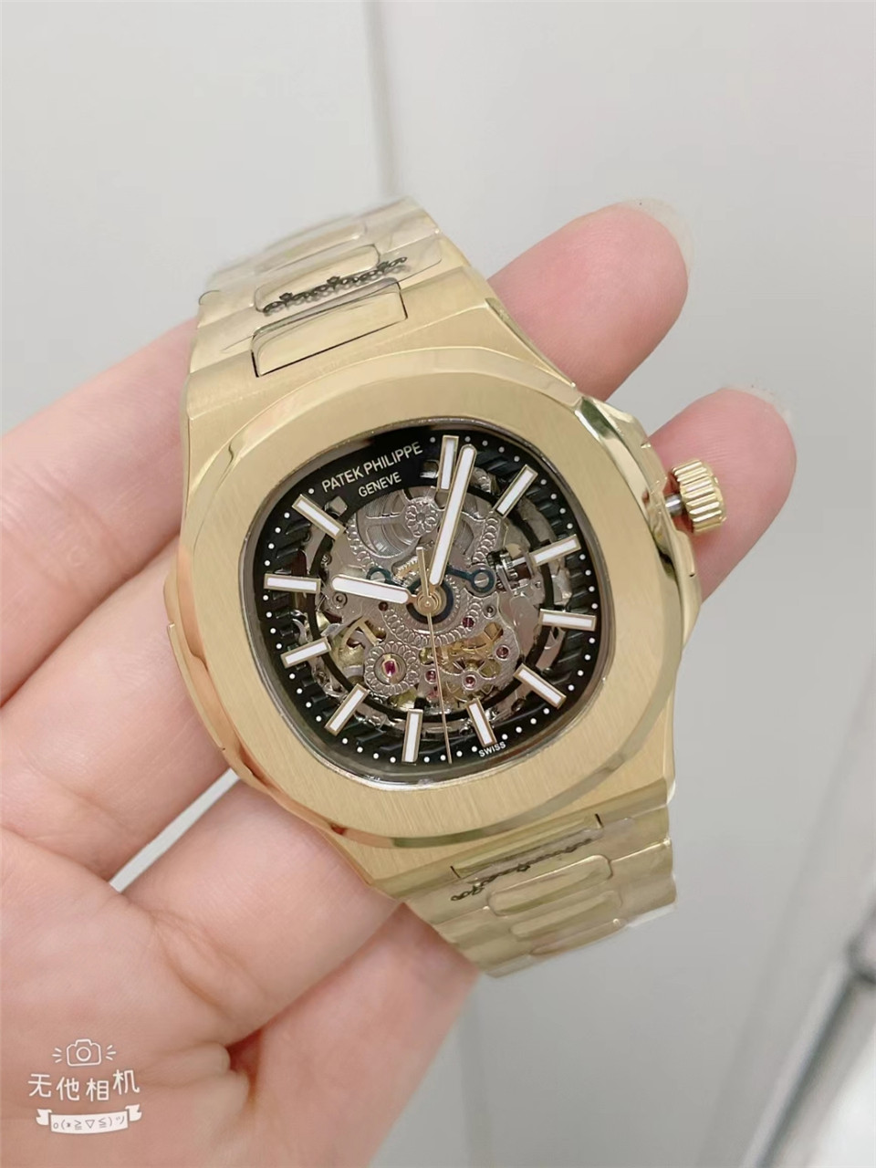 Patek Philippe Nautilus Men’s Skeleton Mechanical Watch Black Face – Full Gold, Stainless Steel Strap