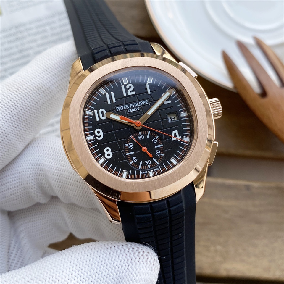 Patek Philippe 5164 Aquanaut Dual Time 18K Rose Gold Rubber Watch Rose gold bezel black dial