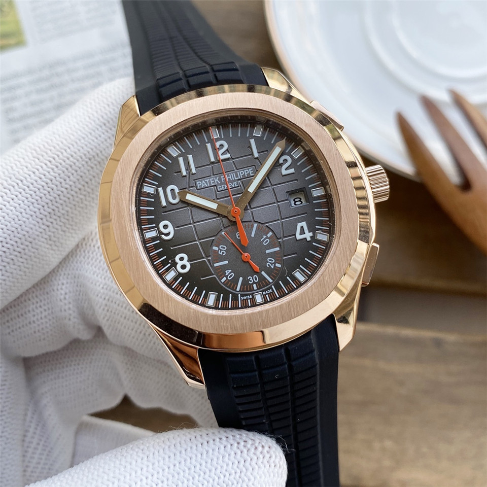 Patek Philippe 5164 Aquanaut Dual Time 18K Rose Gold Rubber strap black Watch Rose gold bezel grey dial