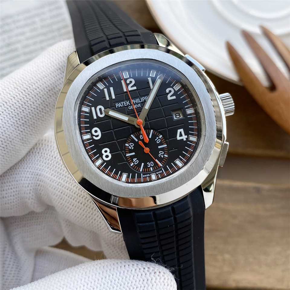 Patek Philippe 5164 Aquanaut Dual Time 18K Rose Gold Rubber Watch silver white bezel black dial