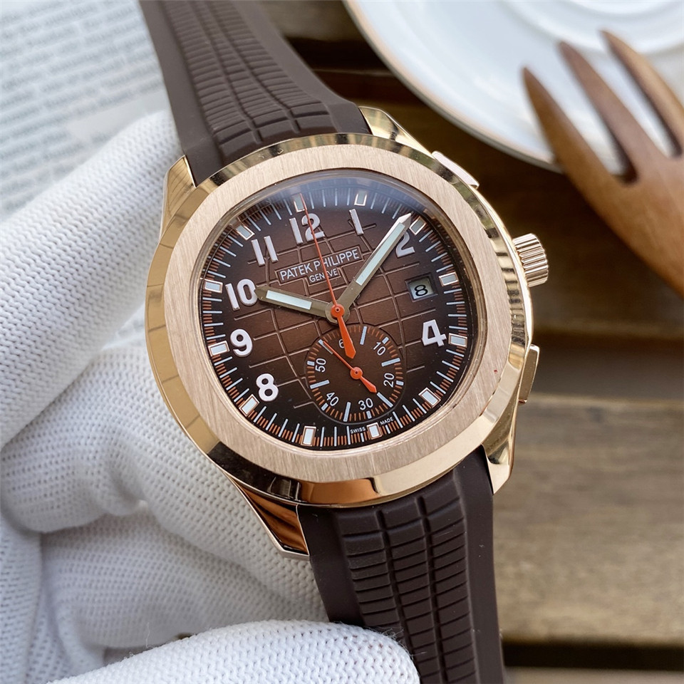 Patek Philippe 5164 Aquanaut Dual Time 18K Rose Gold Rubber Watch Rose gold bezel brown dial