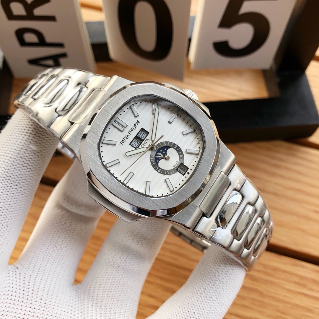 Patek Philippe Nautilus watch white dial silver white strap