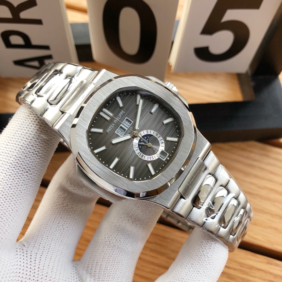 Patek Philippe Nautilus watch gray dial silver white strap