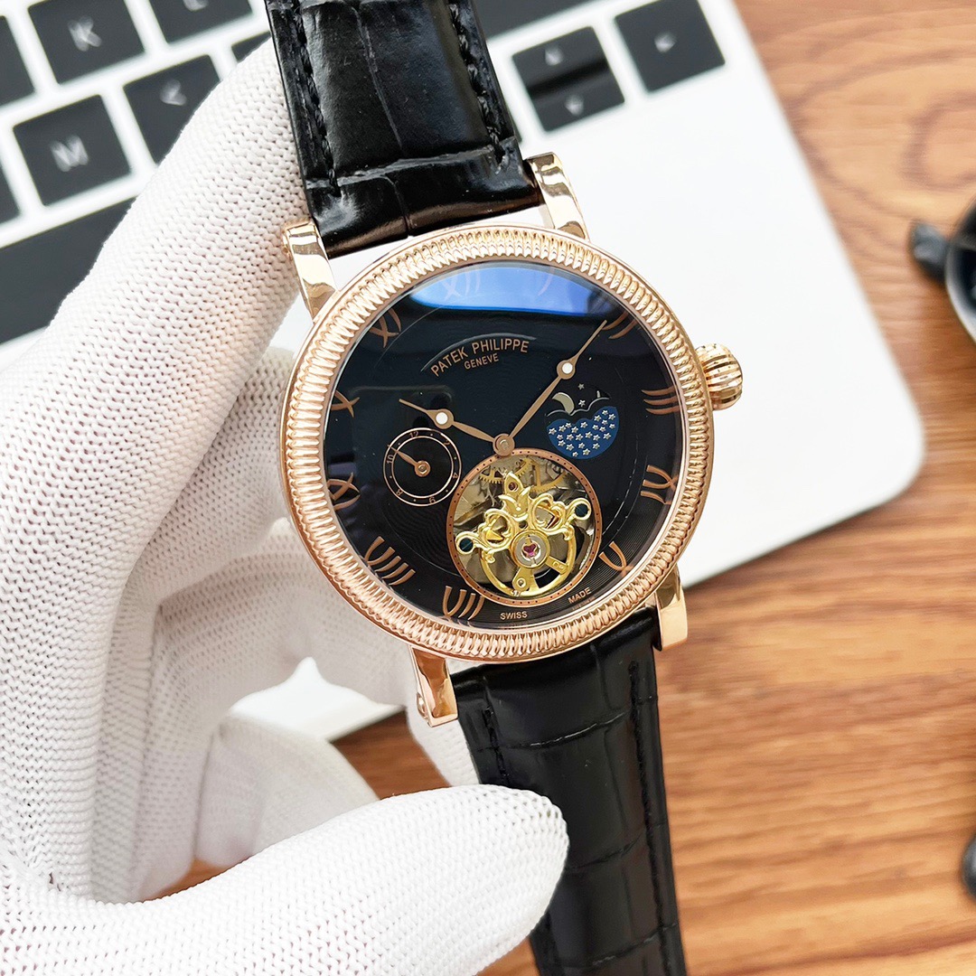 Patek Philippe mechanical watch, leather strap, stone-encrusted black dial