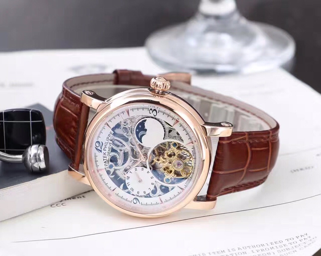 patek philippe watch white with leather brown belt white dial