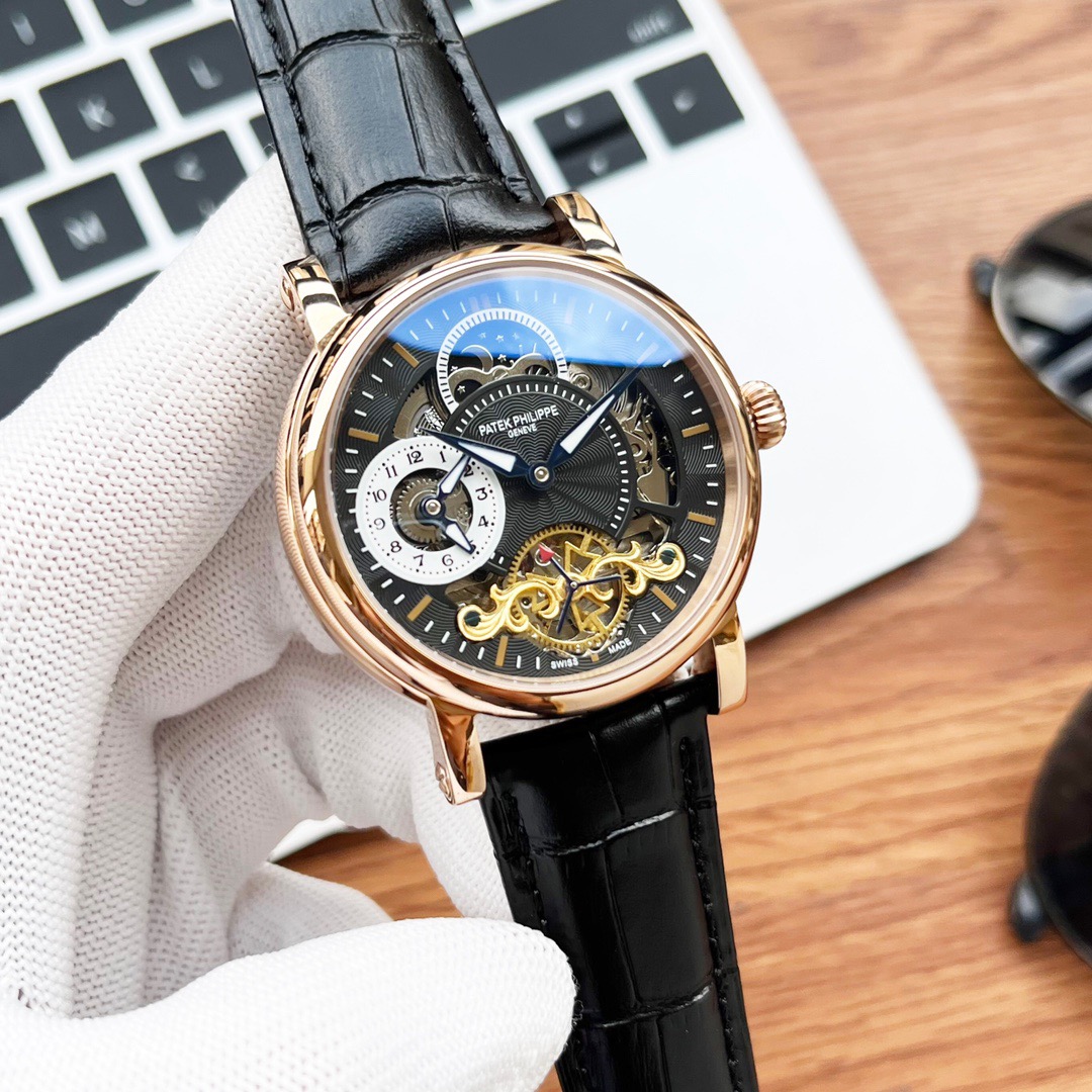 Patek Philippe men’s watch with open-heart movement and black leather strap dia black