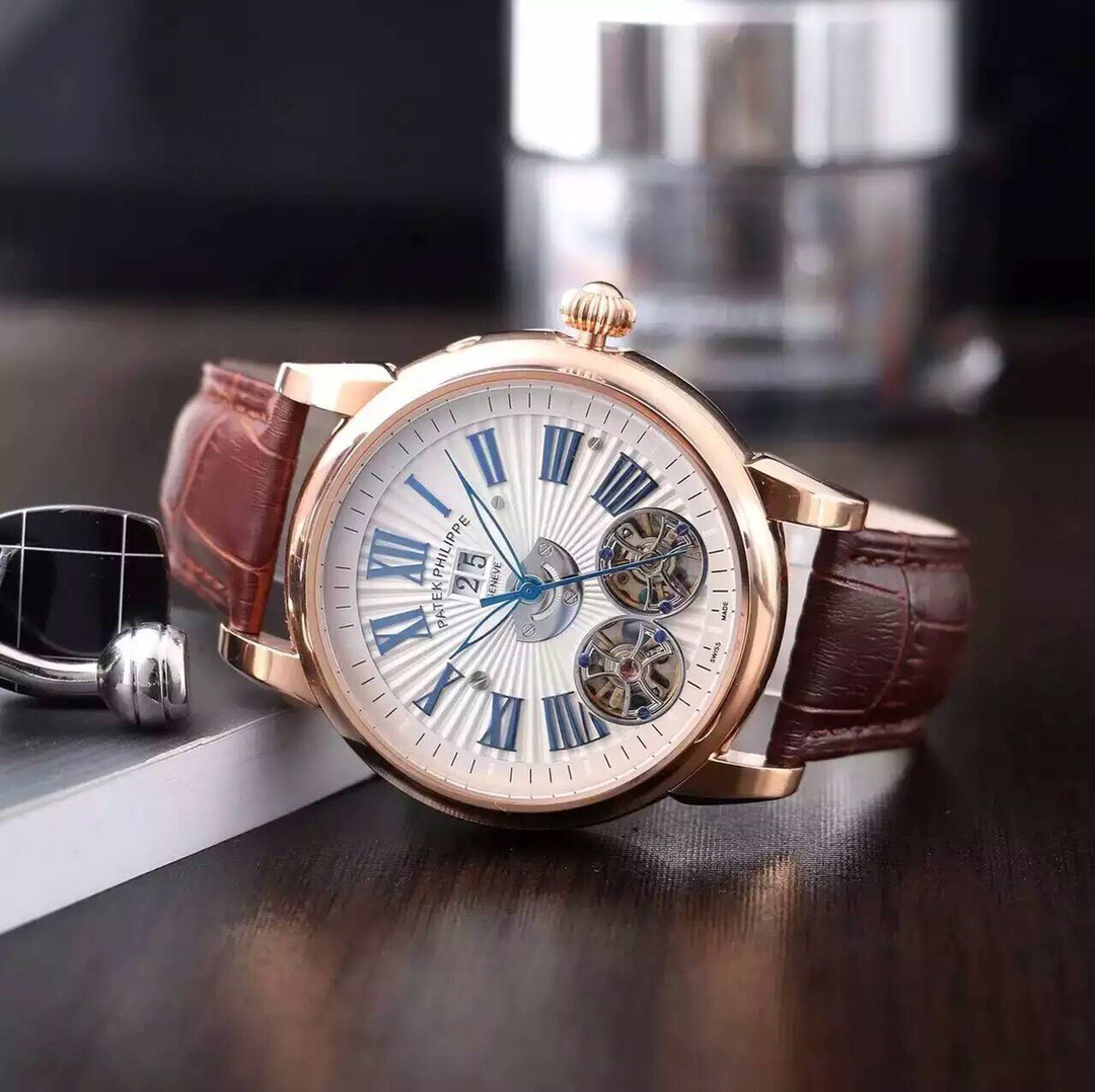 Patek Philippe Style Mechanical Watch – brown leather strap white dial rose gold bezel