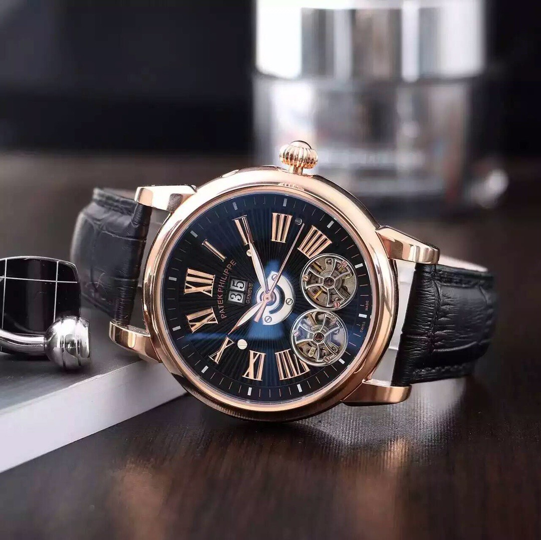 Patek Philippe Style Mechanical Watch –  black leather strap blue dial rose gold rim