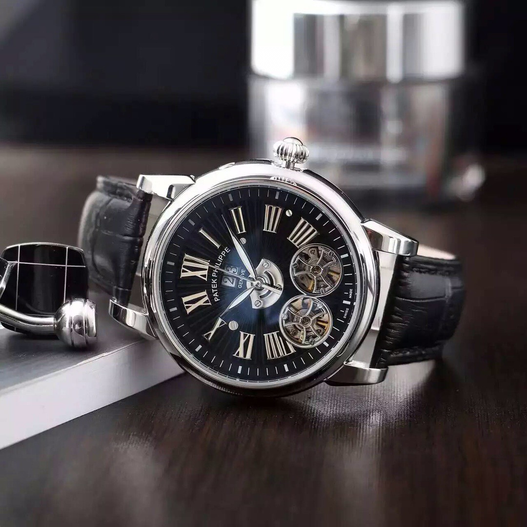 Patek Philippe Style Mechanical Watch –  black leather strap blue dial black border