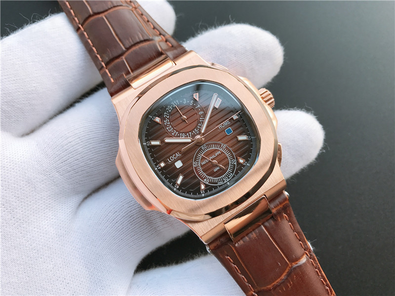 Patek Philippe Nautilus Travel Time Steel Chronograph  Rose gold bezel brown dial brown strap