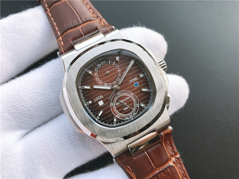 Patek Philippe Nautilus Travel Time Steel Chronograph Silver white bezel brown dial brown strap