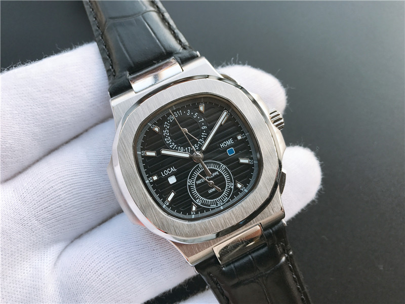 Patek Philippe Nautilus Travel Time Steel Chronograph silver white bezel black dial black leather strap