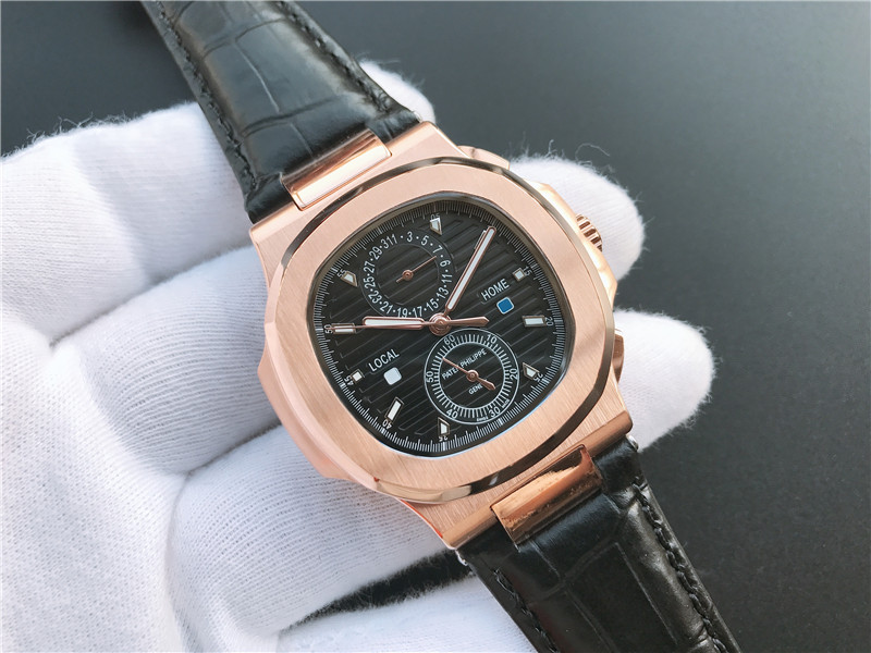 Patek Philippe Nautilus Travel Time Steel Chronograph Rose gold bezel black dial black strap