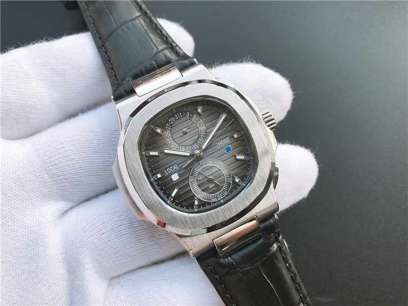 Patek Philippe Nautilus Travel Time Steel Chronograph  black leather strap