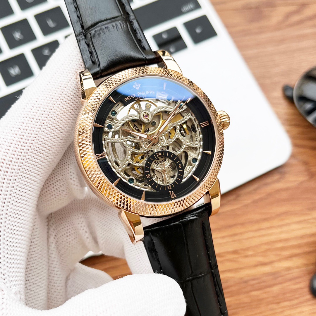Patek Philippe Men’s Rose Gold Skeleton Mechanical Watch, Luxurious black Leather Strap