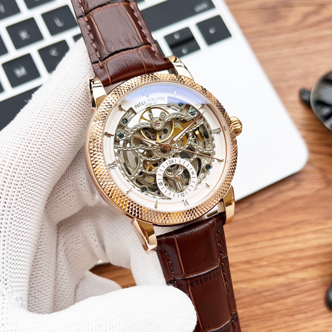 Patek Philippe Men’s Rose Gold Skeleton Mechanical Watch, Luxurious Brown Leather Strap