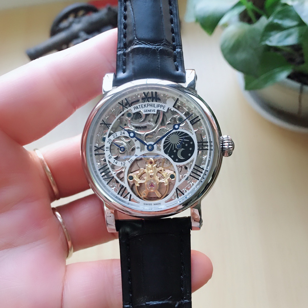 Patek Philippe-Inspired Skeleton Watch – Mechanical Movement, Moonphase, Rose Gold, black strap with silver white border