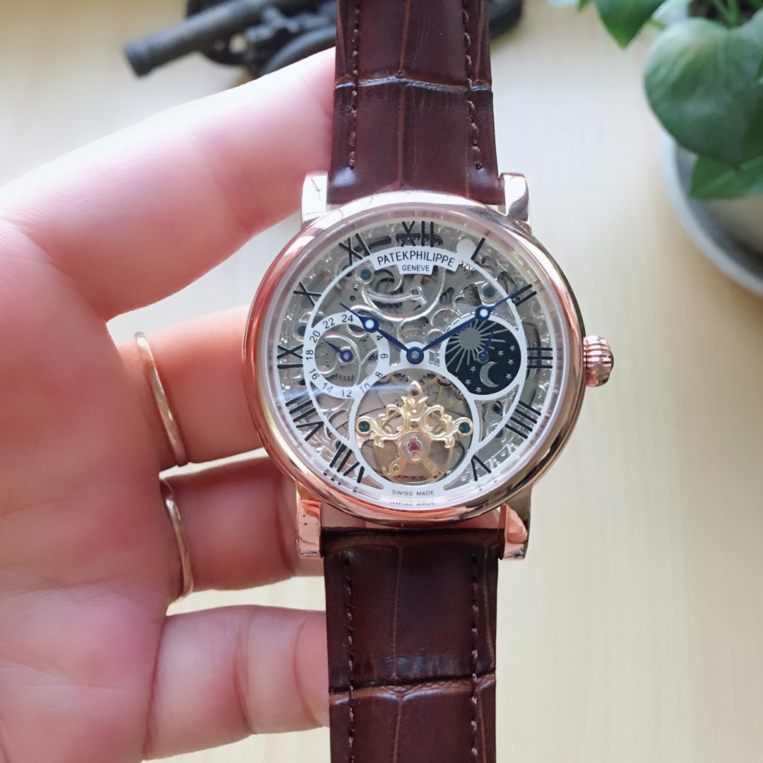 Patek Philippe-Inspired Skeleton Watch – Mechanical Movement, Moonphase, Rose Gold, Leather Strap brown