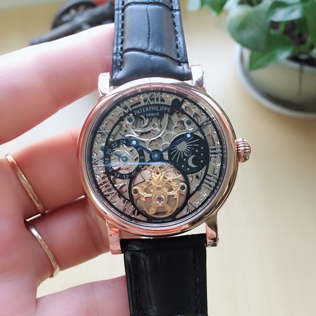 Patek Philippe-Inspired Skeleton Watch – Mechanical Movement, Moonphase, Rose Gold, Leather Strap black