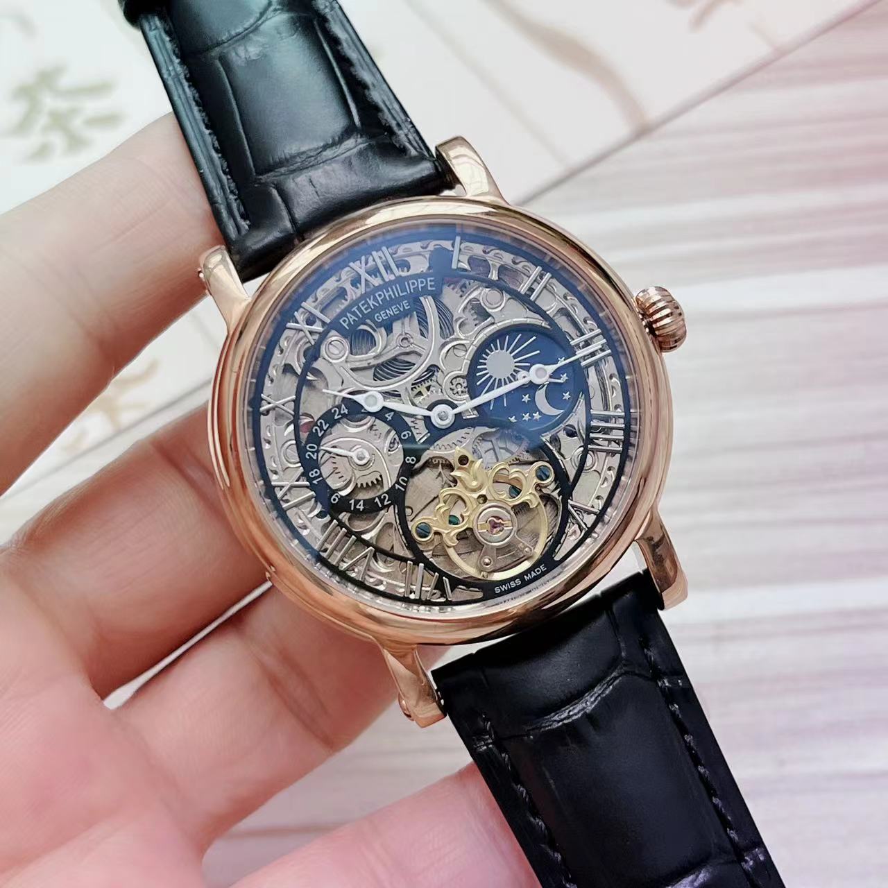 Patek Philippe Skeleton Tourbillon Watch – Rose Gold Case, Moonphase, black leather strap with rose gold trim