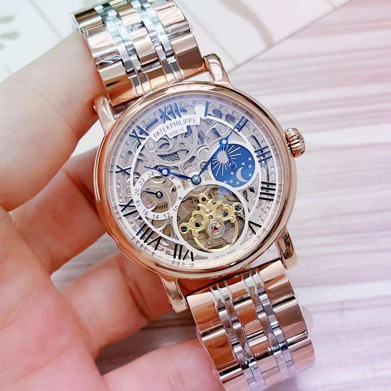 Patek Philippe Skeleton Mechanical Watch – Moonphase, 24H Dial, Stainless Steel Bracelet Rose Gold Case
