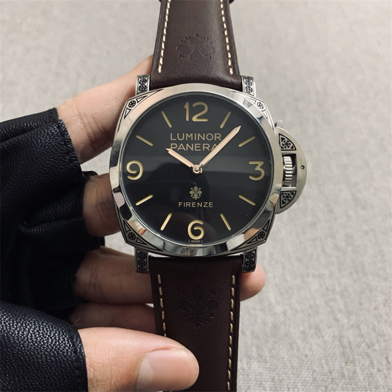 Panerai Luminor 1950 Firenze 3 Day – 47mm – Engraved Steel On Brown Strap with Black Dial –