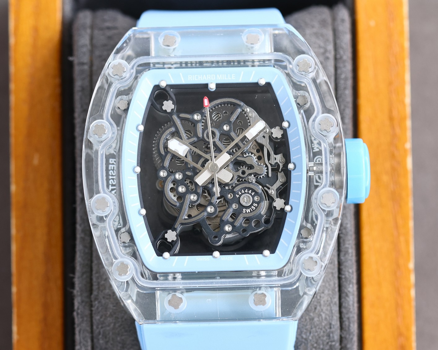 Richard Mille RM 055 Men Automatic Watch Rubber Band Acrylic  blue strap