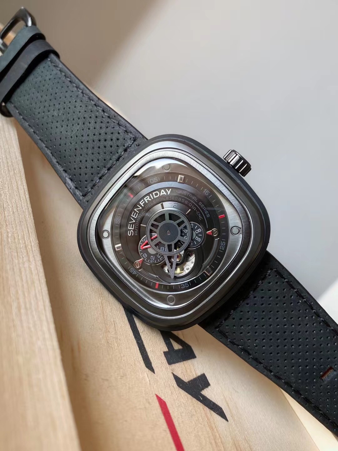 Seven Friday Men’s P-Series 48mm Black Leather Band IP