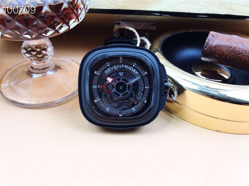 Seven Friday Men’s P-Series 48mm Black Leather Band IP