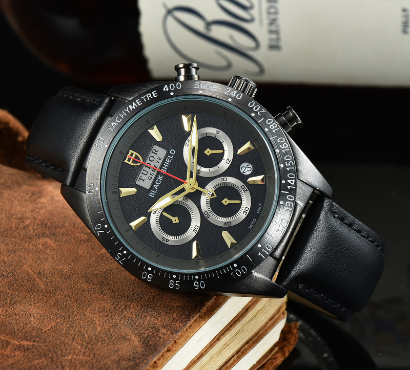 TUDOR Fast Rider Black Shield 42000C Chronograph  black dial gold hands brown leather strap