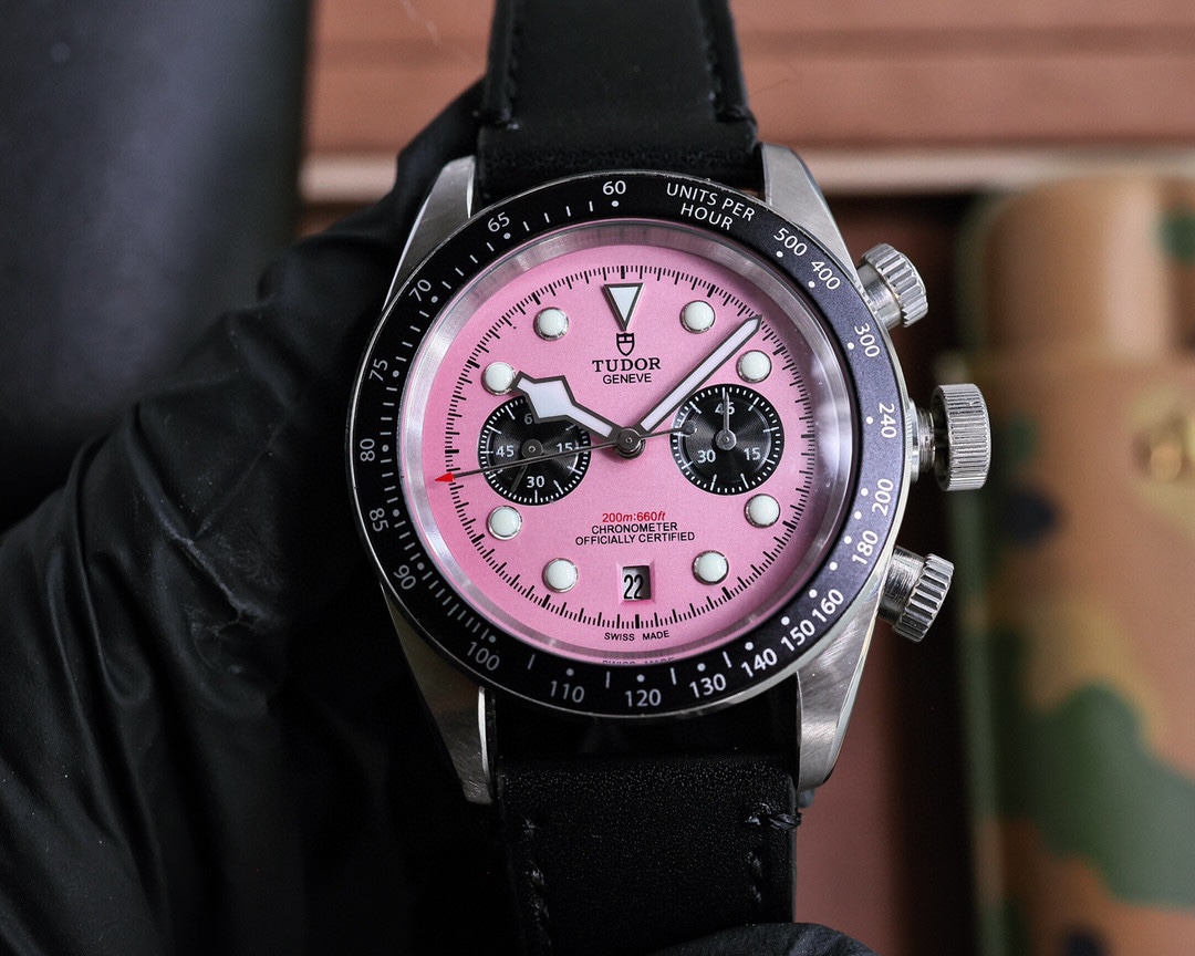 Tudor Black Bay Chrono “Inter Miami” Pink Dial Black Bezel  black leather strap