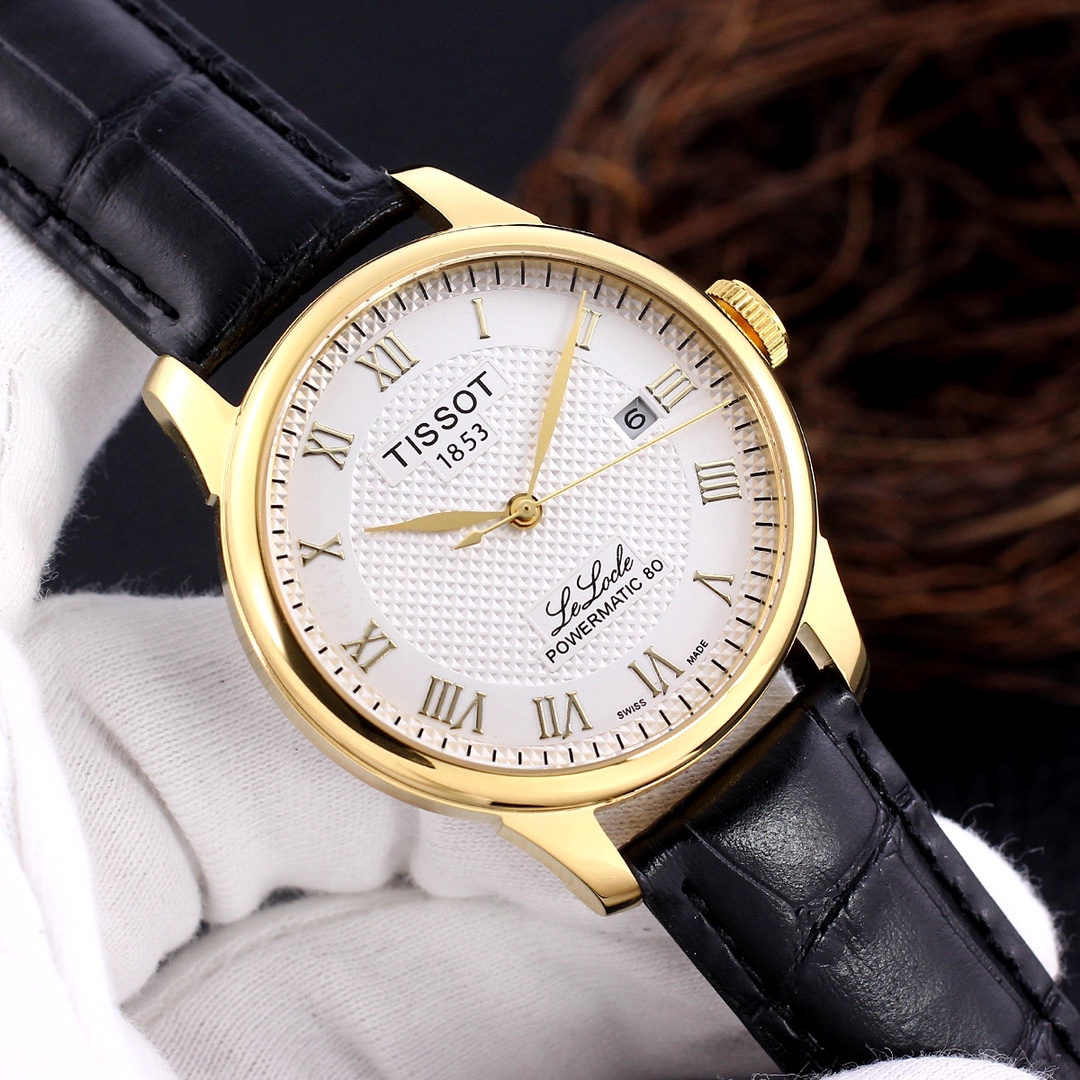 Tissot Le Locle Powermatic 80 | Model T0064071605300 | black strap white dial gold rim