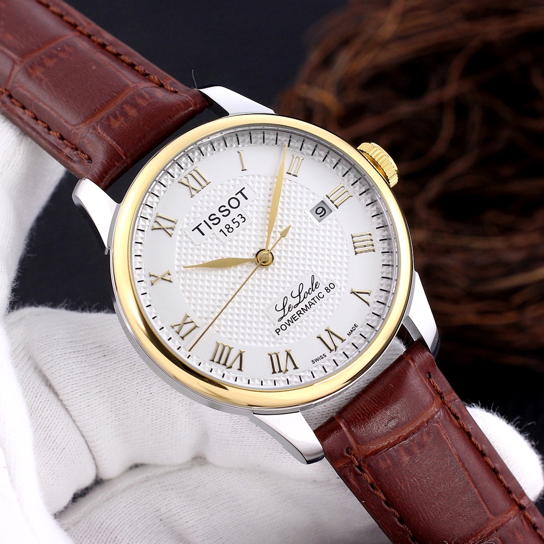 Tissot T-Classic Automatic men’s watch dial white rose gold rim brown strap