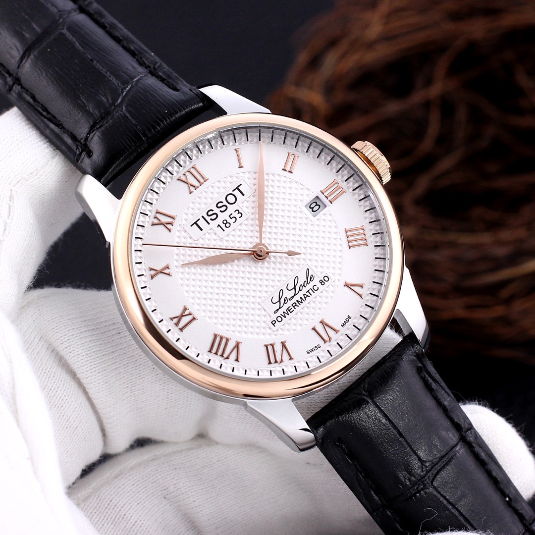 Tissot Le Locle Powermatic 80 | Model T0064071605300 |  black strap white dial rose gold rim