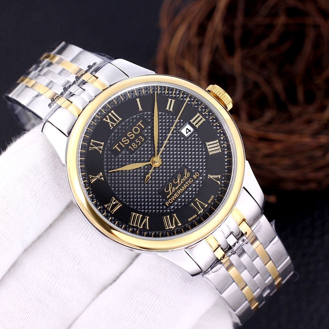 Tissot Le Locle Powermatic 80 Silver Dial Men’s Watch  gold rim black dial silver white metal strap