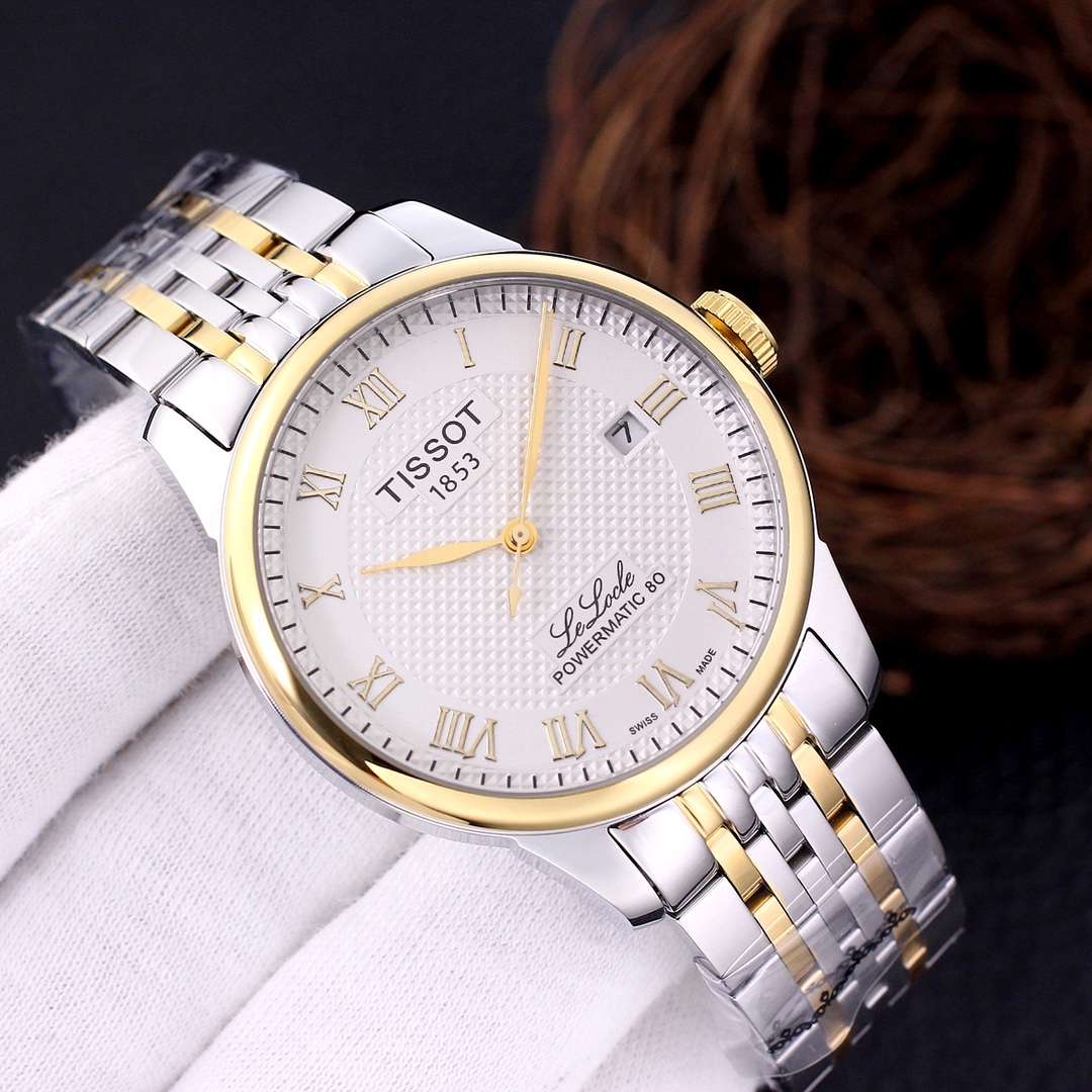 Tissot Le Locle Powermatic 80 Silver Dial Men’s Watch  gold rim white dial silver white metal strap