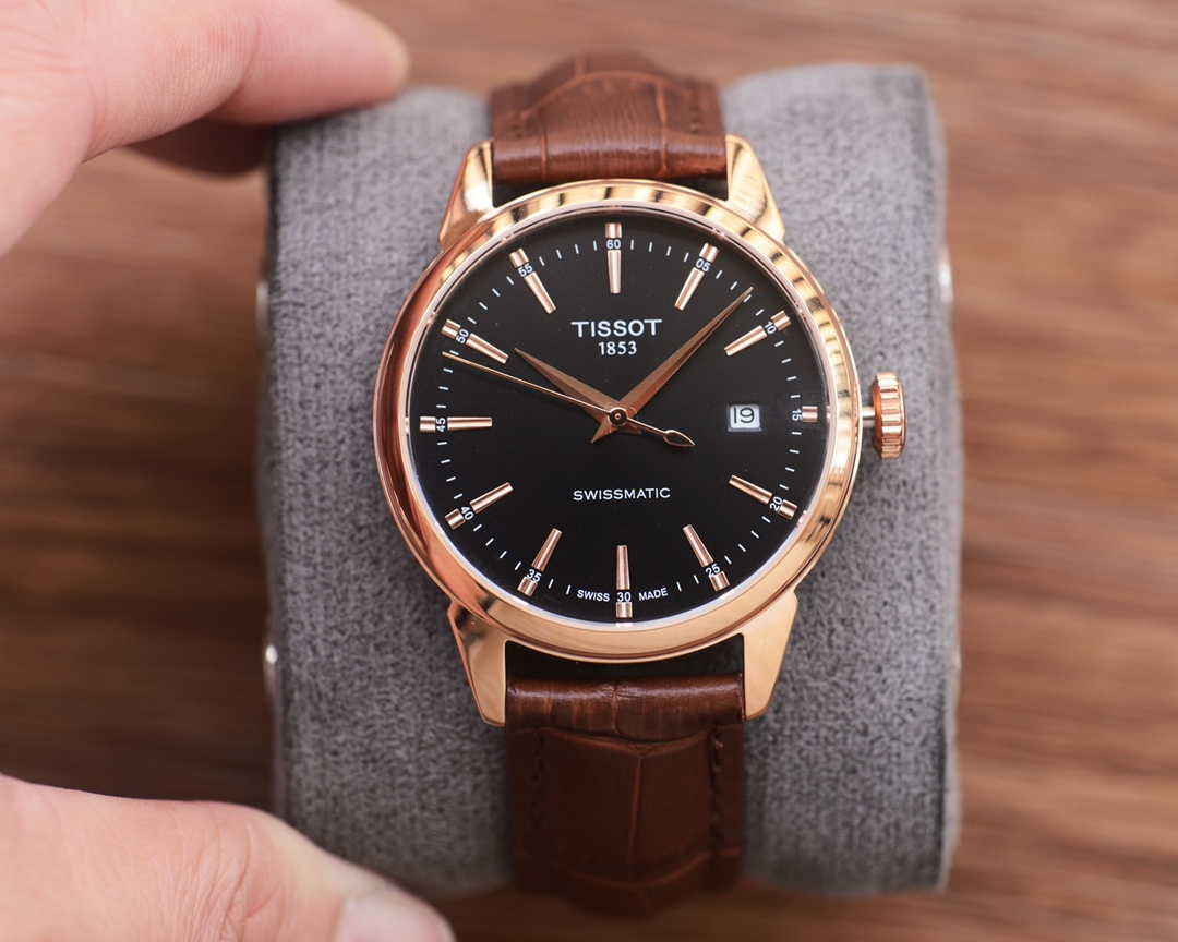 Tissot T-Classic Carson Powermatic 80  Rose gold bezel black dial brown leather strap