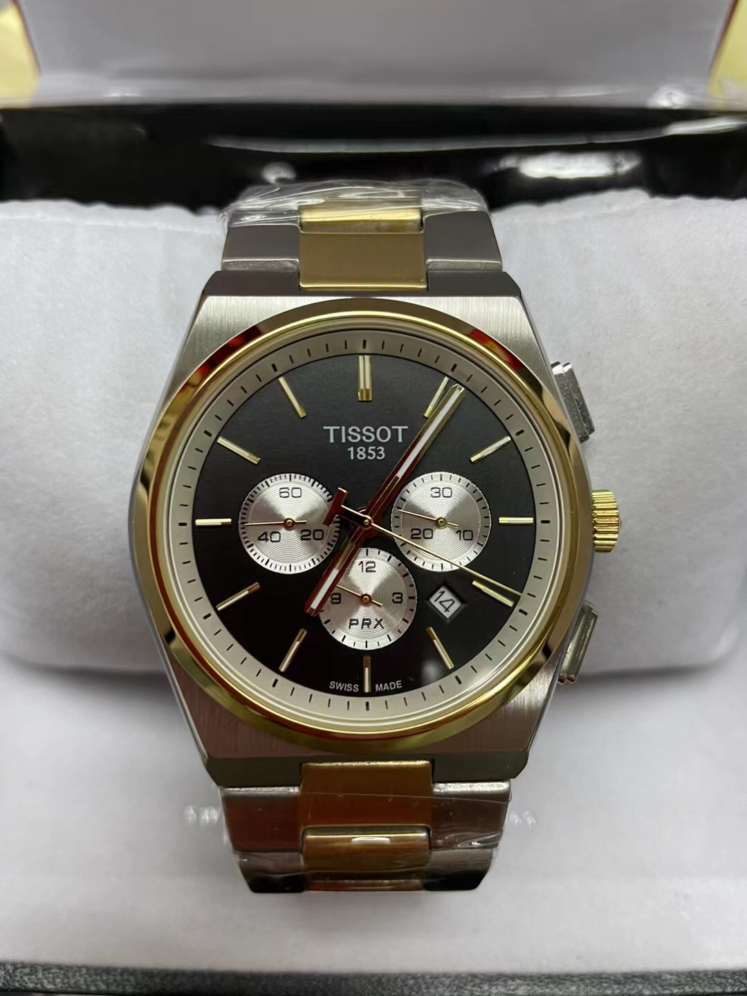 Tissot PRX Chronograph Two-tone Blue Dial Watch gold bezel black dial