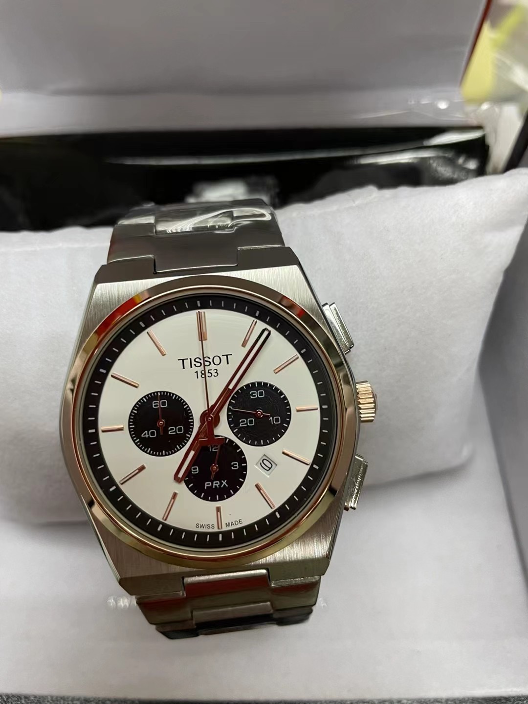 Tissot PRX Chronograph Two-tone Blue Dial Watch g Gold bezel white dial