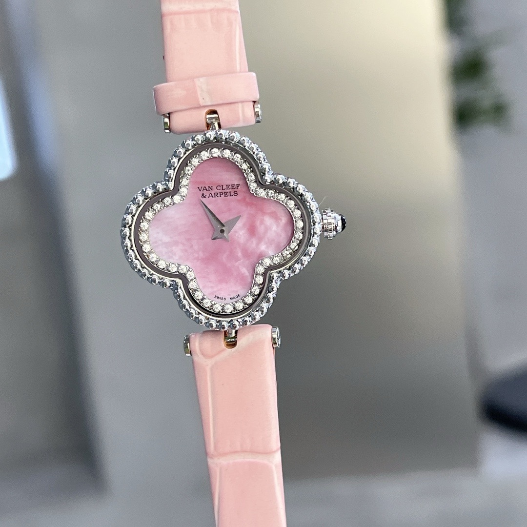 Alhambra watch, medium model 18K white gold, Diamond,dial pink strap pink