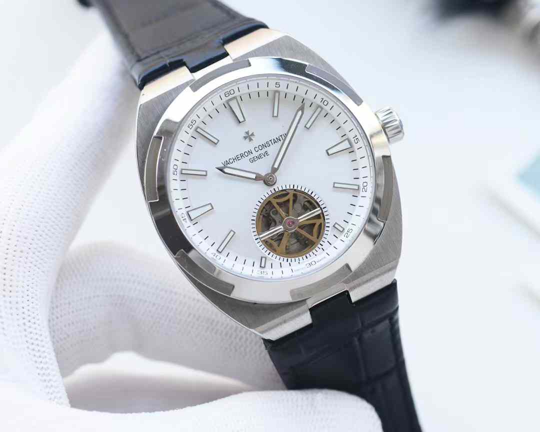 Vacheron Constantin Overseas Chronograph 49140 Stainless  black leather strap white