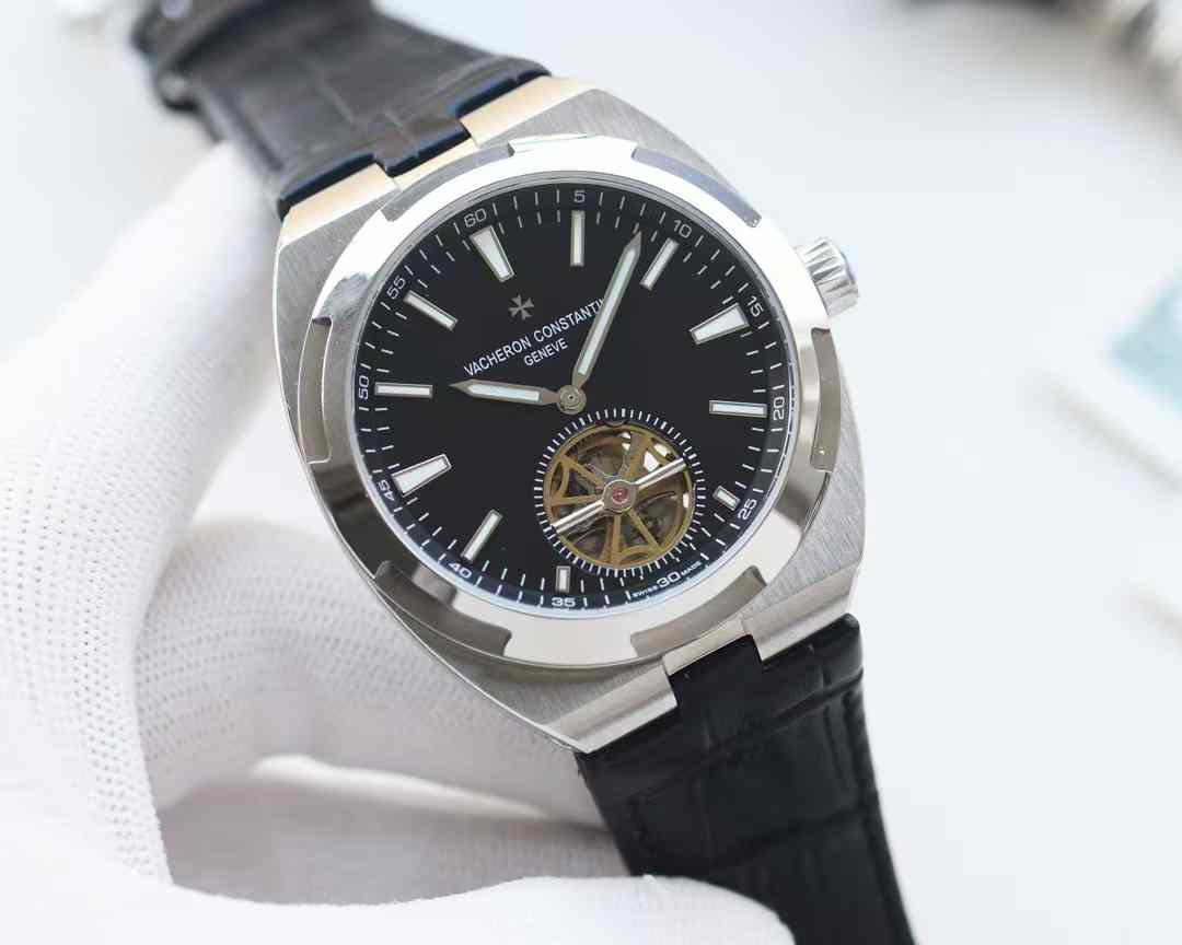 Vacheron Constantin Overseas Chronograph 49140 Stainless  black leather strap black dial
