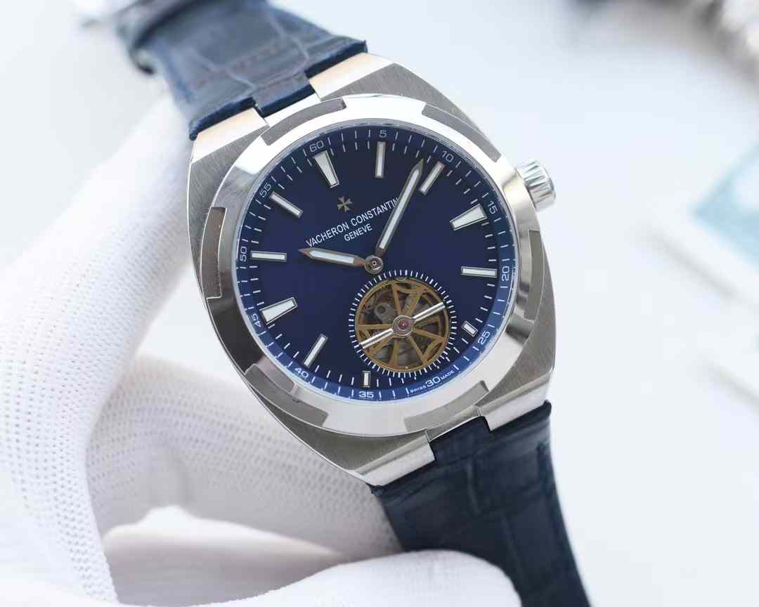 Vacheron Constantin Overseas Chronograph 49140 Stainless  black leather strap blue dial