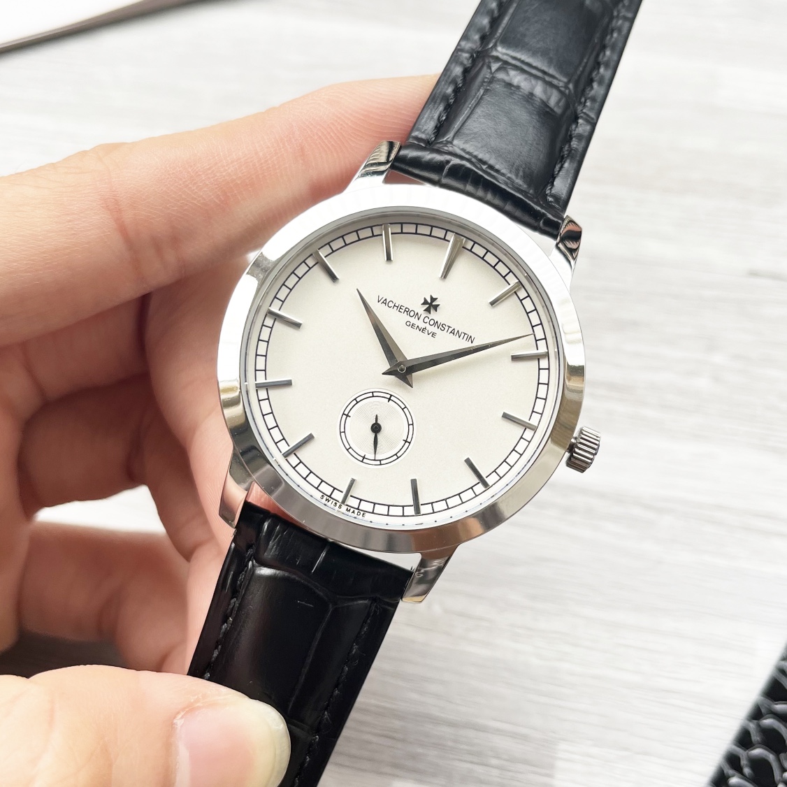 vacheron constantin Patrimony Traditional K18PG watch men  black leather strap white dial