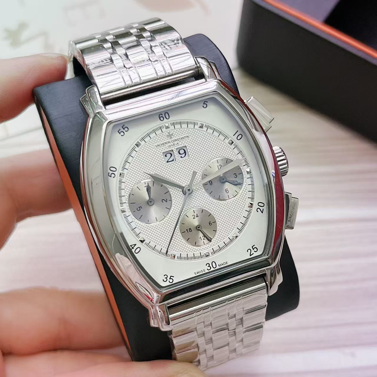 Vacheron Constantin Malte Tonneau Chronograph silver white strap