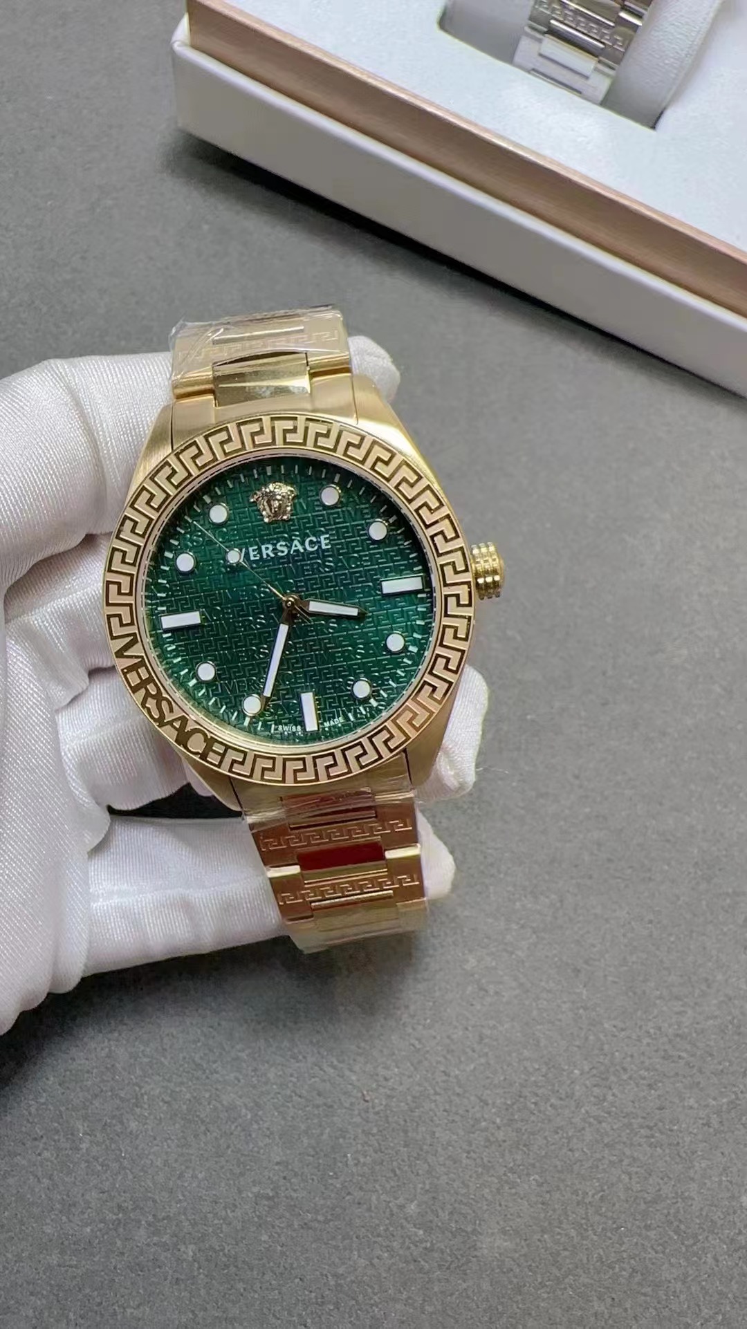 Versace Greca Dome Quartz Green Dial Men’s Watch  gold metal wire