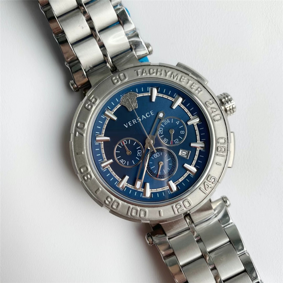 Versace Silver Stainless Steel Reve VQZ Chronograph Men’s dial blue