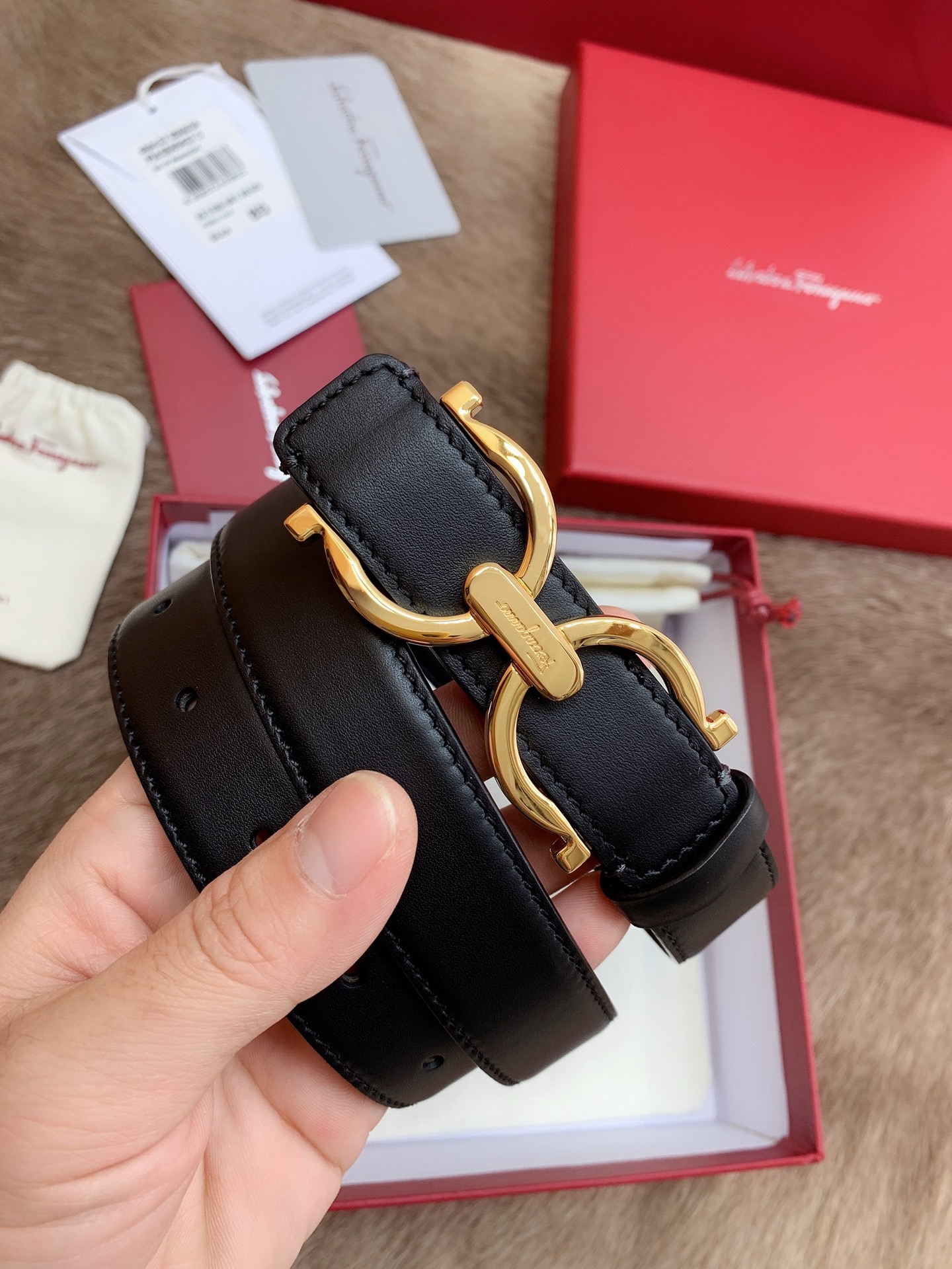 Salvatore Ferragamo Belt Mens Belt Black Gold Buckle Size 95/34-36W/ Bag Box
