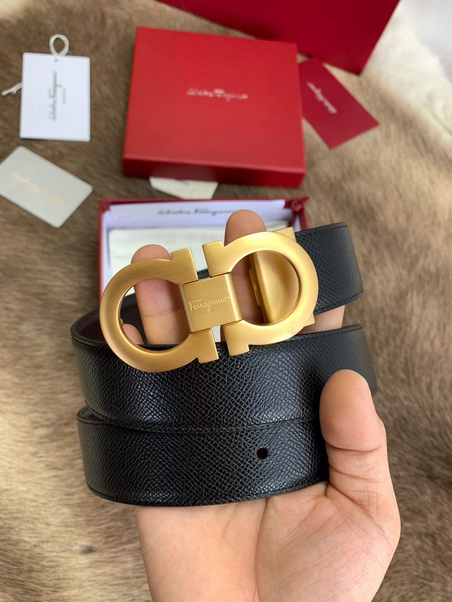 Salvatore Ferragamo Belt Mens Belt Black Gold Buckle Size 95/34-36W/ Bag Box